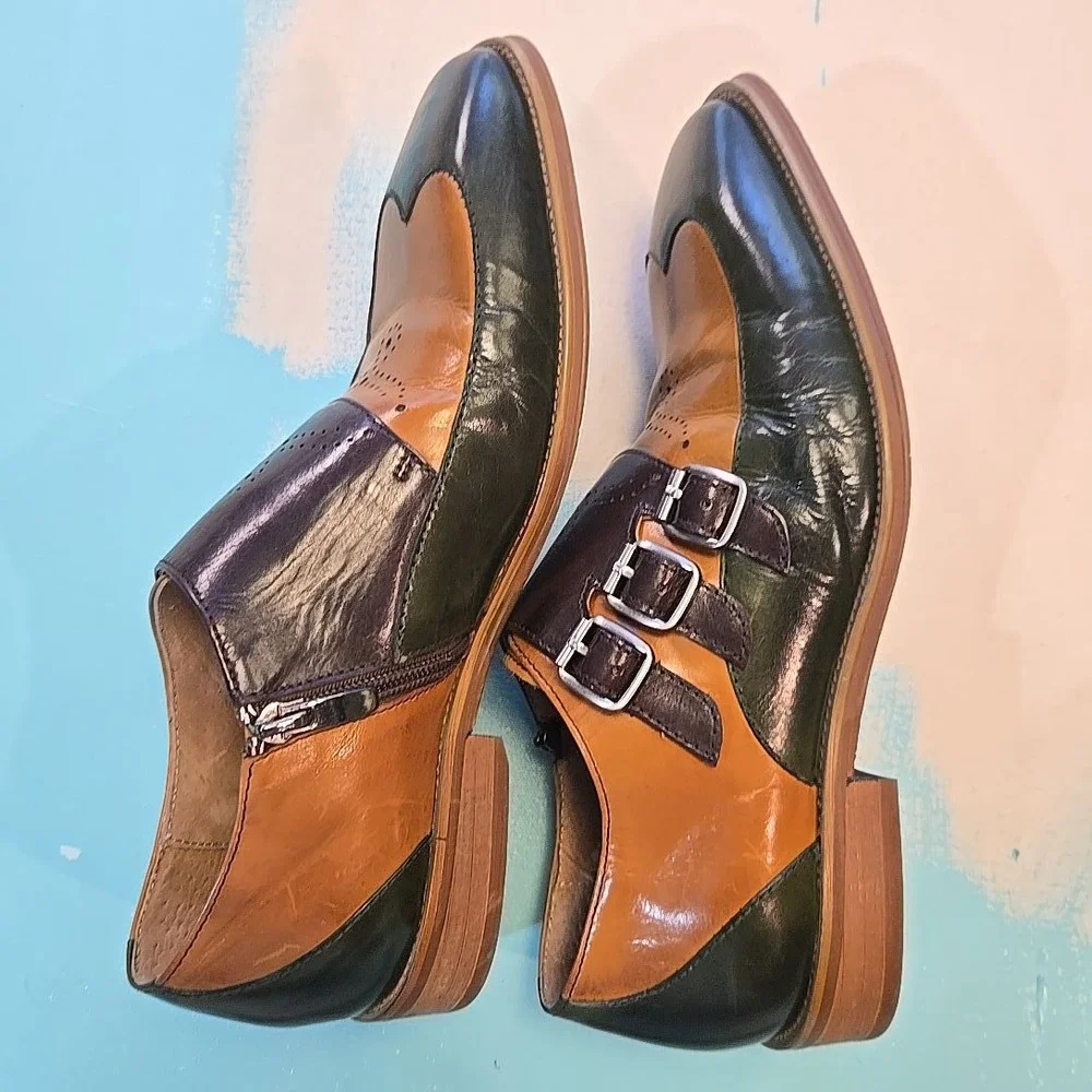 Steven Land Monk Strap Shoes Mens 7.5 Colorblock‎ Buckle Pointed Toe Brown Green